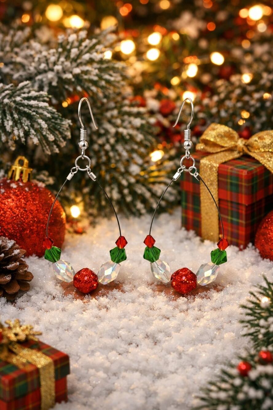 Handmade Hoop Drop Wire Earrings: Holiday Festive #C24